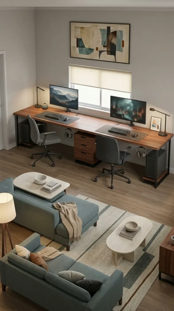 35 Gaming Living Room Ideas That Make Your Setup Stylish, Cosy and Seriously Fun 23 Create a Coordinated Dual-PC Gaming Setup for Couples