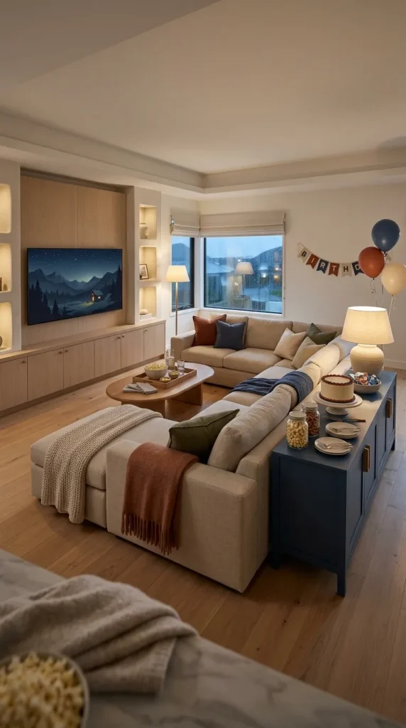 40 Birthday Living Room Decor Ideas for Beautiful At-Home Celebrations 37 Create a Cosy Birthday Movie-Night Living Room