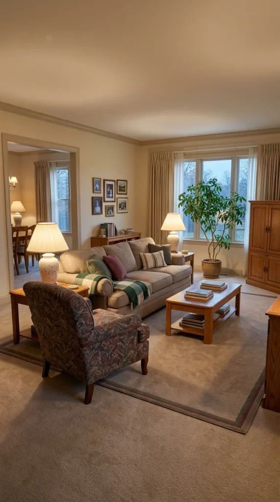 Create a Cozy 80s Living Room With Soft Upholstery and Warm Lamps