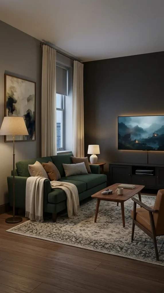 35 Gaming Living Room Ideas That Make Your Setup Stylish, Cosy and Seriously Fun 5 Create a Dark and Moody Gaming Den