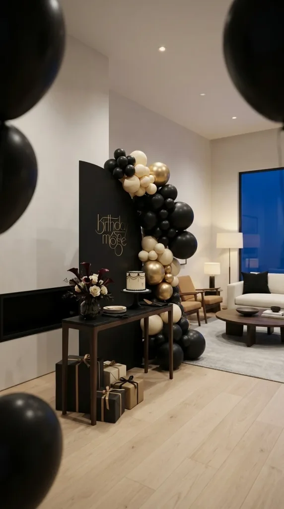 40 Birthday Living Room Decor Ideas for Beautiful At-Home Celebrations 16 Create a Dramatic Black-and-Gold Birthday Celebration