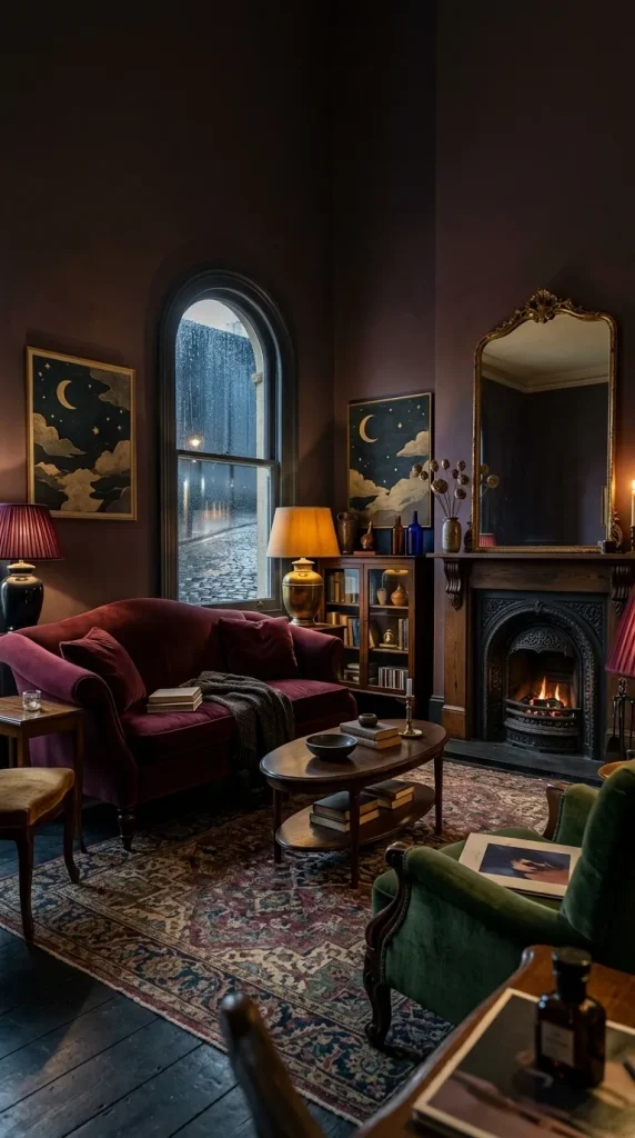 35 1990s Living Room Decor Ideas to Bring Back That Cosy, Nostalgic Feeling 34 Create a Dramatic Whimsigoth-Inspired Living Room