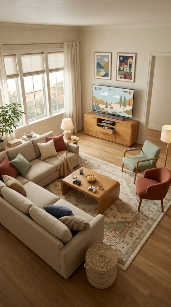 35 Gaming Living Room Ideas That Make Your Setup Stylish, Cosy and Seriously Fun 25 Create a Family Gaming Lounge With Accessible Storage
