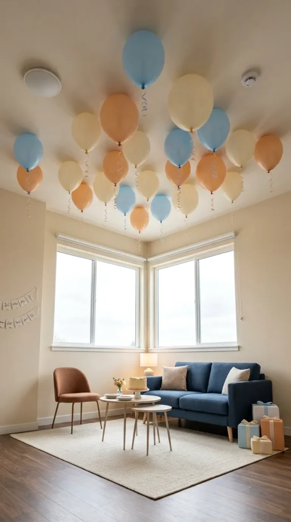40 Birthday Living Room Decor Ideas for Beautiful At-Home Celebrations 12 Create a Floating Balloon Ceiling Display