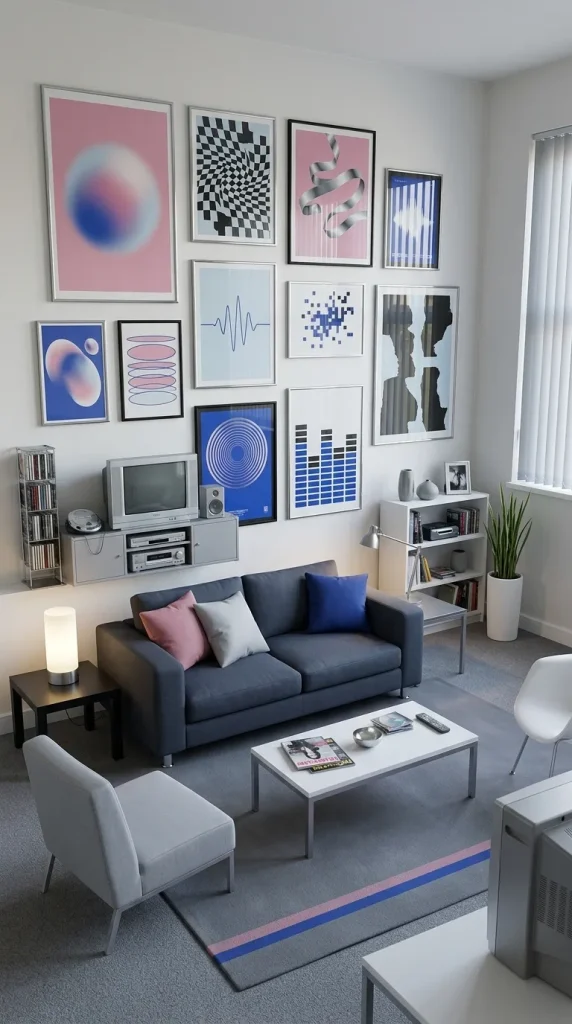 40 Living Room Decor Ideas for a Nostalgic 2000s and Y2K Aesthetic 28 Create a Graphic Poster Wall Inspired by Y2K Culture