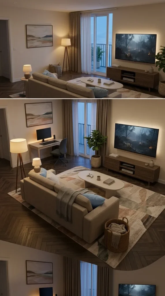 35 Gaming Living Room Ideas That Make Your Setup Stylish, Cosy and Seriously Fun 12 Create a Living Room That Changes From Day Mode to Gaming