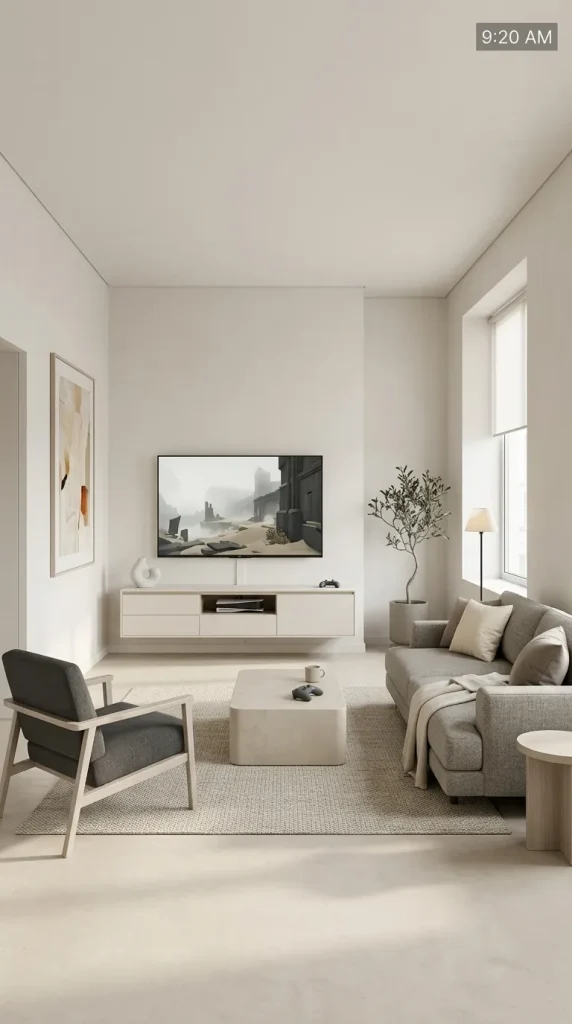 35 Gaming Living Room Ideas That Make Your Setup Stylish, Cosy and Seriously Fun 28 Create a Minimalist Gaming Living Room With Concealed Technology
