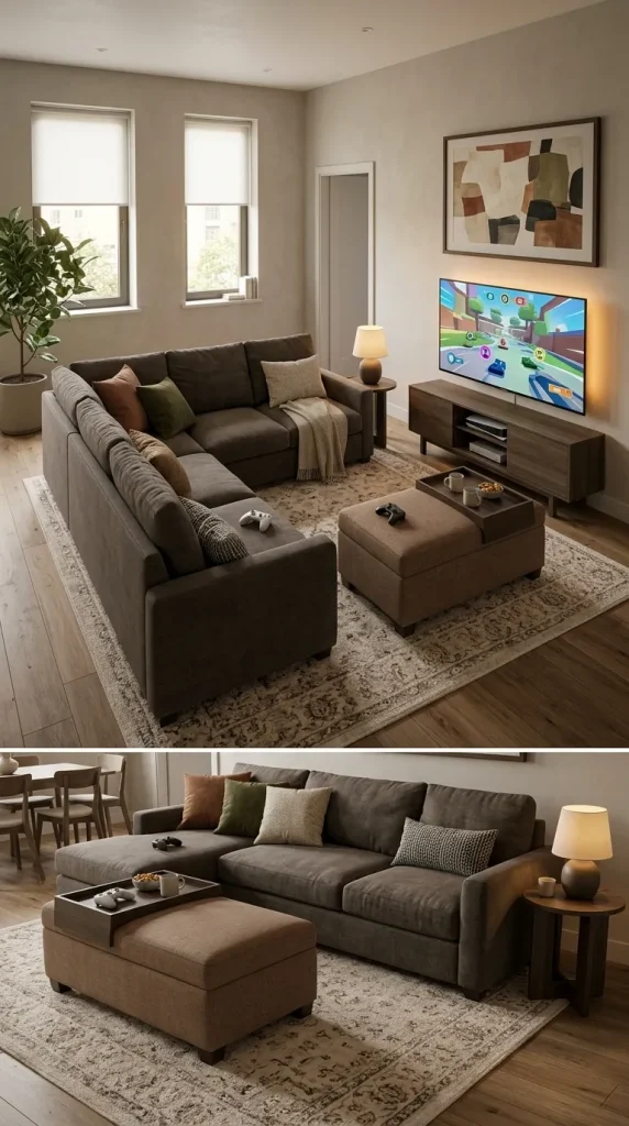 35 Gaming Living Room Ideas That Make Your Setup Stylish, Cosy and Seriously Fun 3 Create a Multiplayer Gaming Lounge With a Sectional Sofa