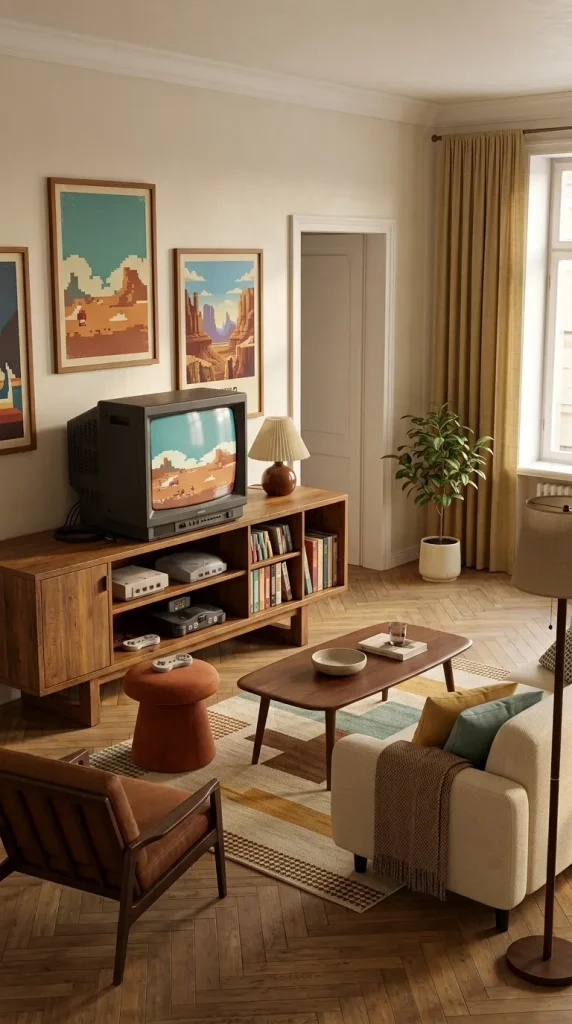 35 Gaming Living Room Ideas That Make Your Setup Stylish, Cosy and Seriously Fun 31 Create a Retro Gaming Corner With Classic Consoles