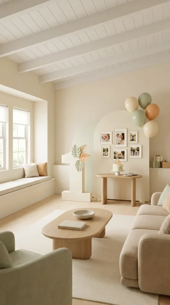 40 Birthday Living Room Decor Ideas for Beautiful At-Home Celebrations 34 Create a Soft and Memorable First Birthday Setup