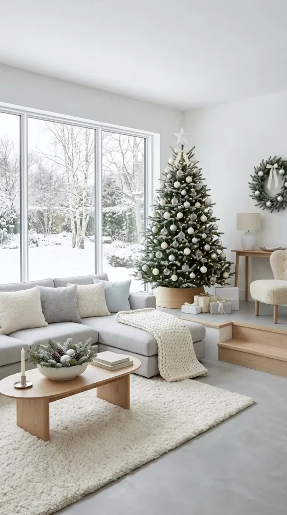 42 Christmas Living Room Decor Ideas for a Cosy, Magical and Beautifully Festive Home 11 Create a Winter-Wonderland Living Room With White and Silver