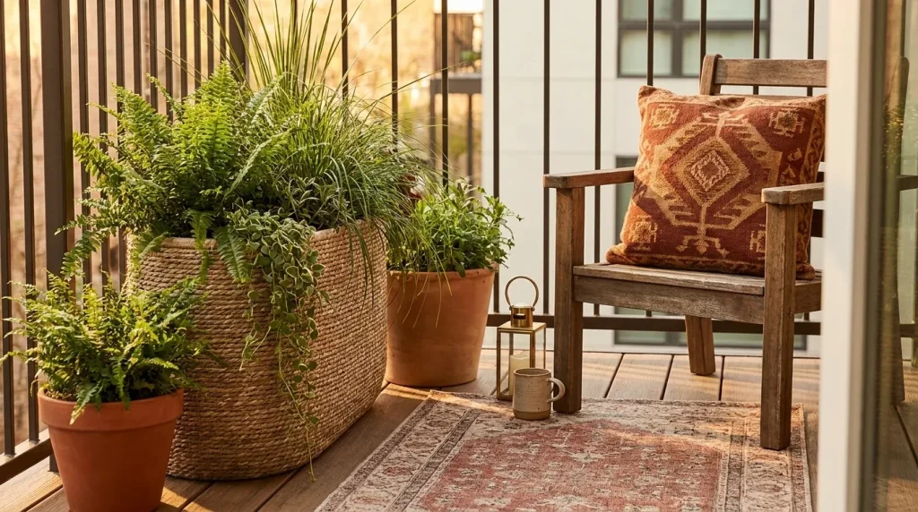 Create a bohemian fall balcony with textiles and plants