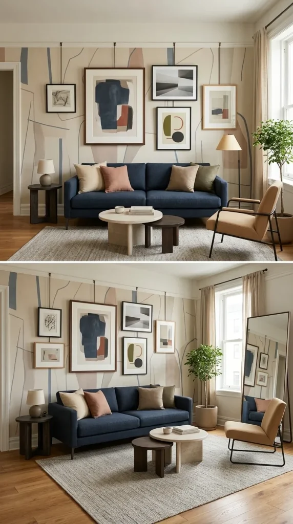 Create a flexible wall with picture rails, removable treatments, and movable art