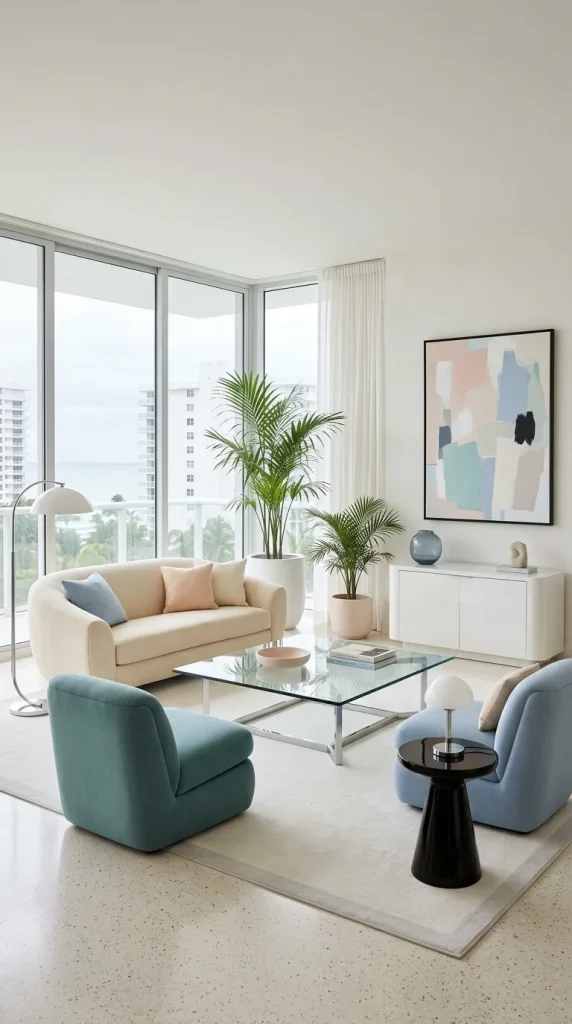 Create an 80s Miami Living Room With White, Glass, Chrome, and Pastel