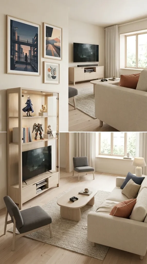 35 Gaming Living Room Ideas That Make Your Setup Stylish, Cosy and Seriously Fun 35 Create an Anime-Inspired Gaming Display That Feels Curated