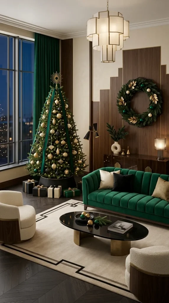 42 Christmas Living Room Decor Ideas for a Cosy, Magical and Beautifully Festive Home 36 Create an Art Deco-Inspired Christmas With Black and Gold