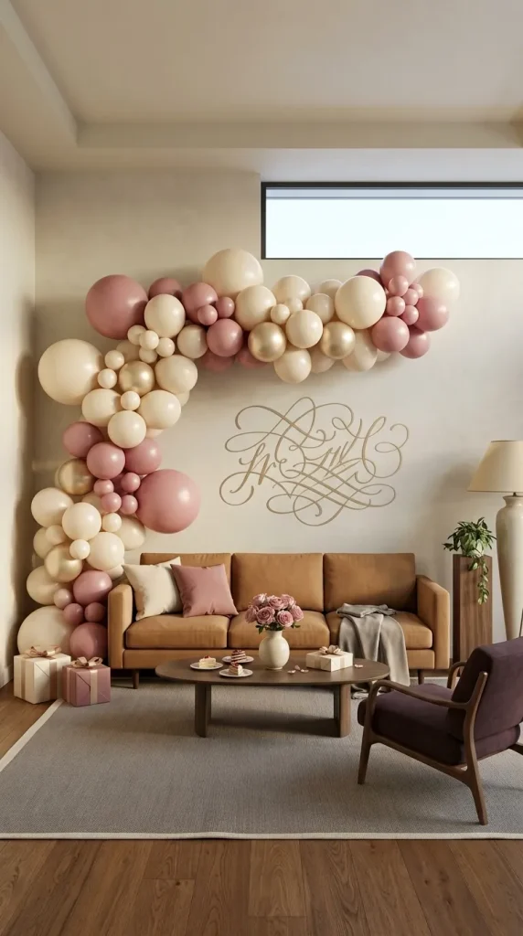 40 Birthday Living Room Decor Ideas for Beautiful At-Home Celebrations 10 Create an Asymmetrical Balloon Garland Around the Sofa