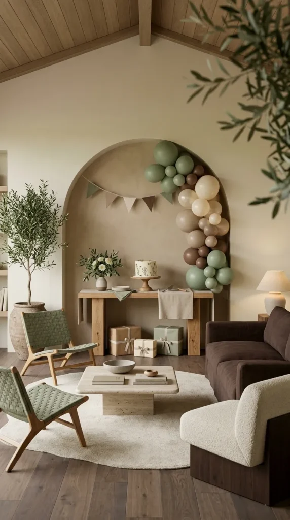 40 Birthday Living Room Decor Ideas for Beautiful At-Home Celebrations 23 Create an Earthy Birthday Setup With Sage, Brown and Cream
