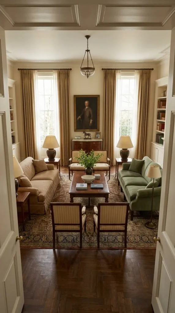 35 1990s Living Room Decor Ideas to Bring Back That Cosy, Nostalgic Feeling 32 Create an Elegant Living Room With Antiques and Traditional Architecture