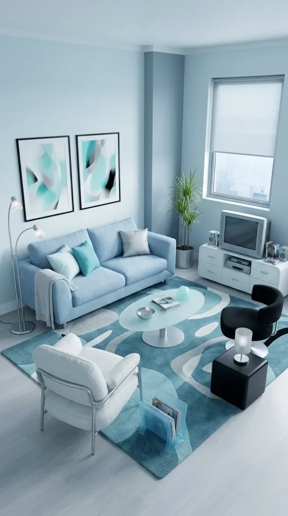 40 Living Room Decor Ideas for a Nostalgic 2000s and Y2K Aesthetic 17 Create an Icy Blue Living Room With Metallic Details