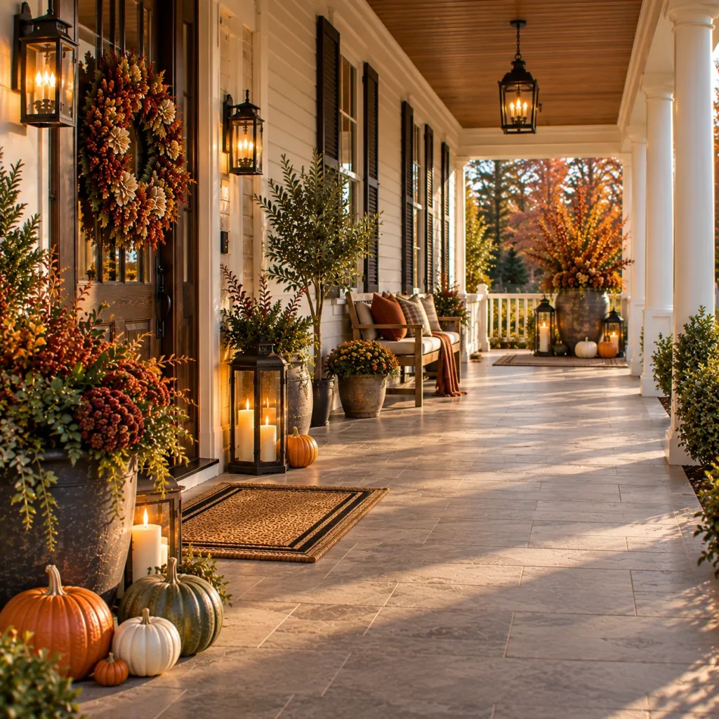 23 Long and Narrow Fall Front Porch Ideas That Use the Space Beautifully 3 Create three anchor points instead of a continuous display