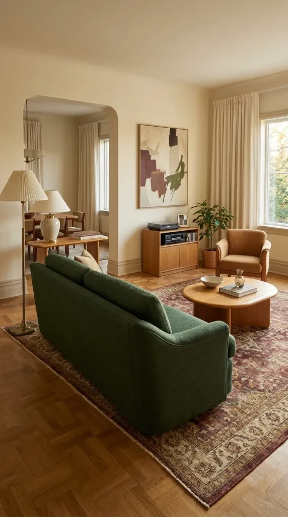 35 1990s Living Room Decor Ideas to Bring Back That Cosy, Nostalgic Feeling 5 Decorate Around a Hunter-Green Sofa