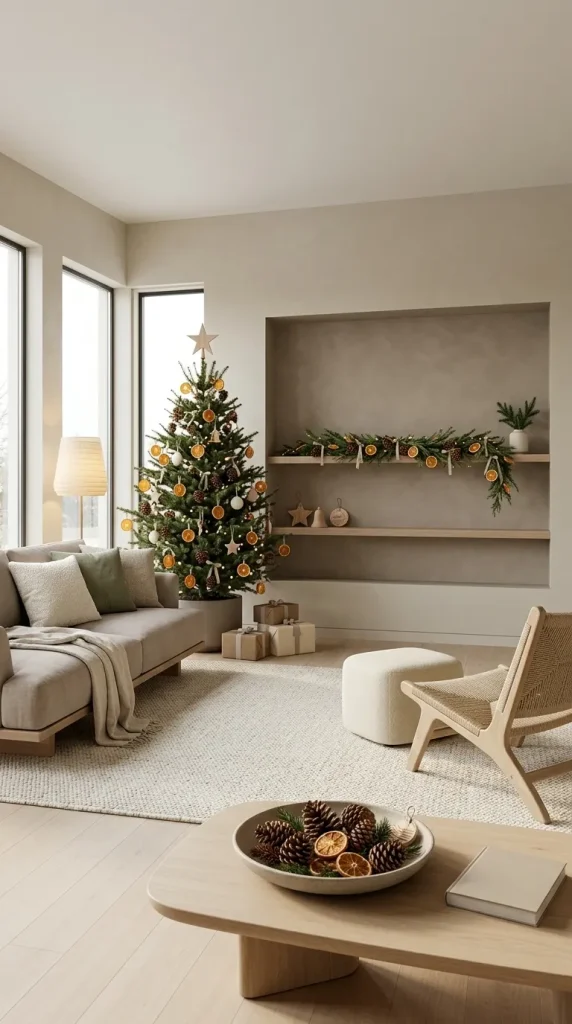 42 Christmas Living Room Decor Ideas for a Cosy, Magical and Beautifully Festive Home 29 Decorate With Dried Oranges, Pinecones and Natural Greenery