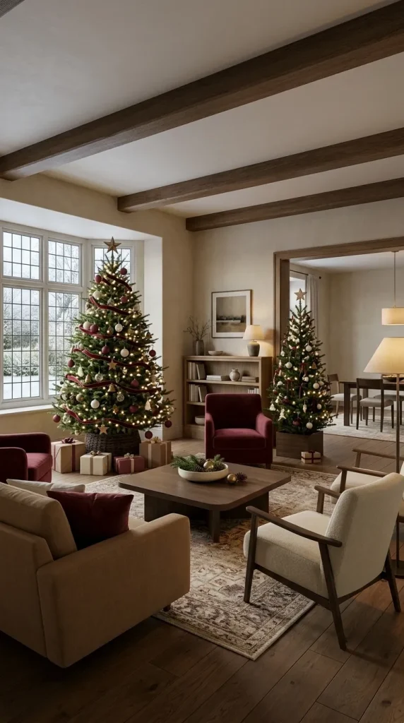 42 Christmas Living Room Decor Ideas for a Cosy, Magical and Beautifully Festive Home 16 Decorate With Two Christmas Trees in a Spacious Living Room
