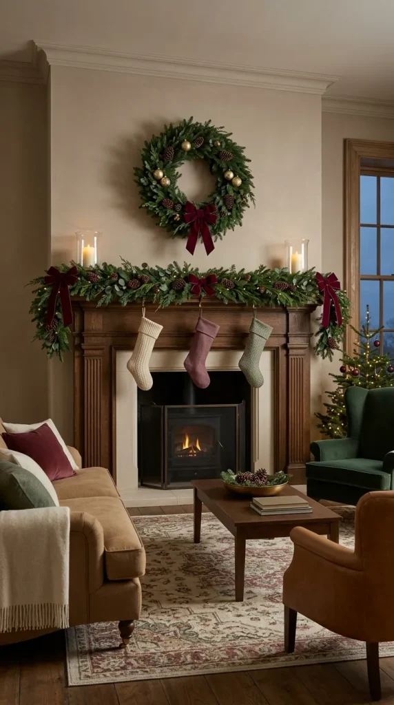 42 Christmas Living Room Decor Ideas for a Cosy, Magical and Beautifully Festive Home 18 Decorate a Traditional Fireplace With a Full Evergreen Garland
