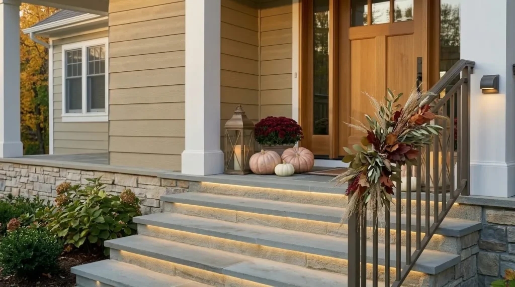 22 Fall Front Porch Steps, Railing and Uncovered Porch Ideas 10 Decorate only one railing section