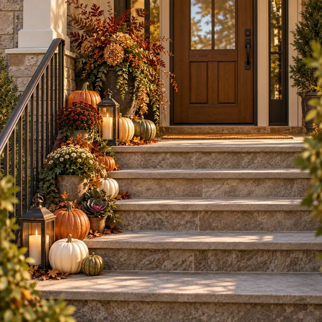 22 Fall Front Porch Steps, Railing and Uncovered Porch Ideas 2 Decorate only one side of the steps