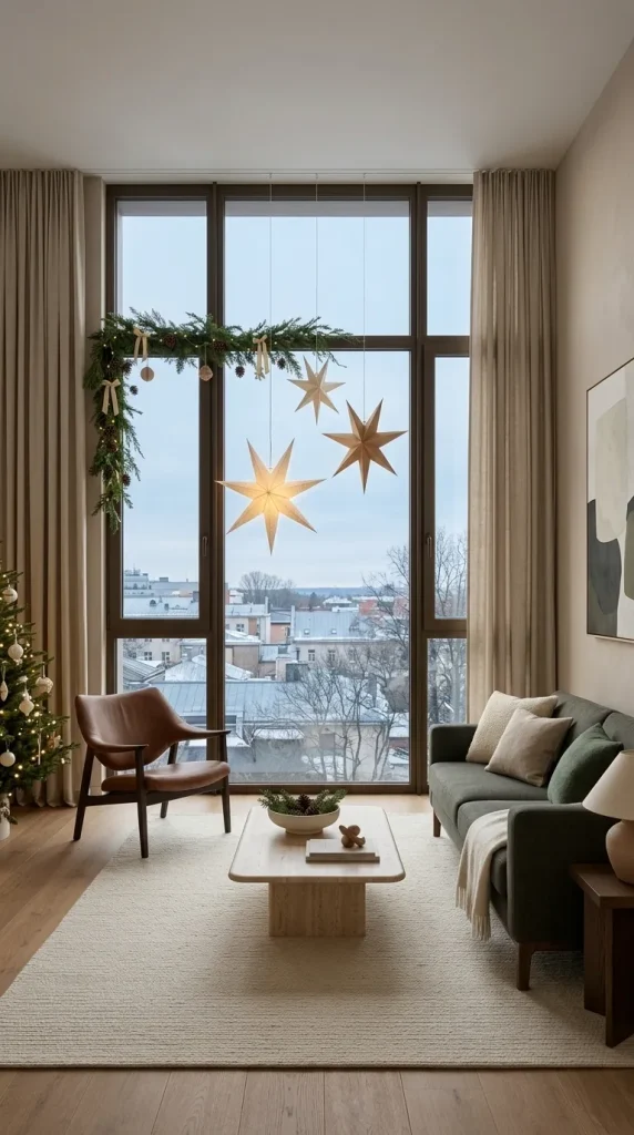 42 Christmas Living Room Decor Ideas for a Cosy, Magical and Beautifully Festive Home 22 Decorate the Living Room Windows With Stars and Greenery