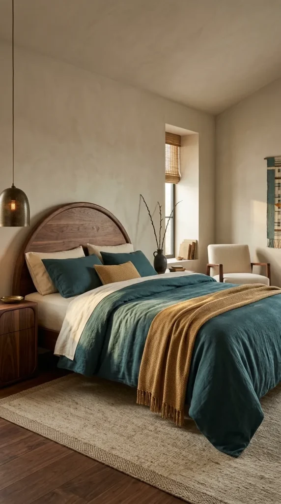 Deep Teal + Ochre + Warm Ivory
