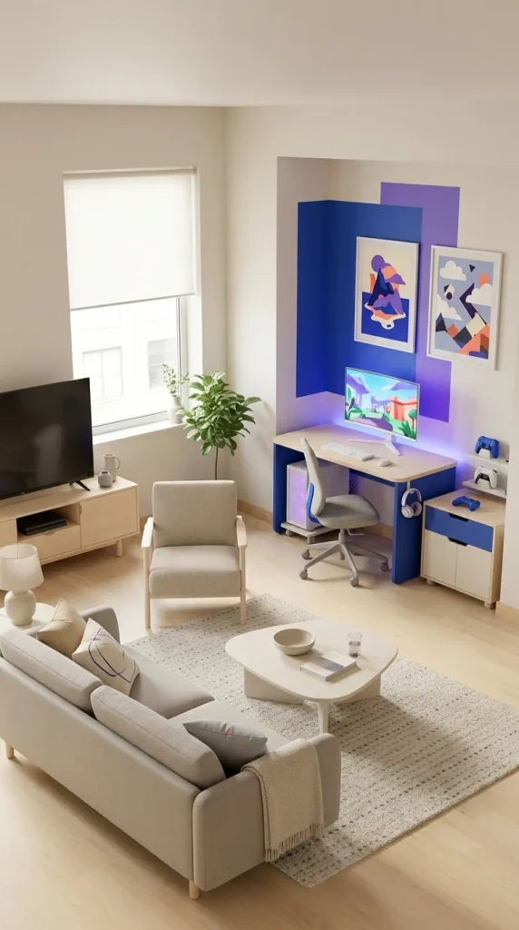 35 Gaming Living Room Ideas That Make Your Setup Stylish, Cosy and Seriously Fun 34 Design a Colourful Fortnite-Inspired Gaming Corner