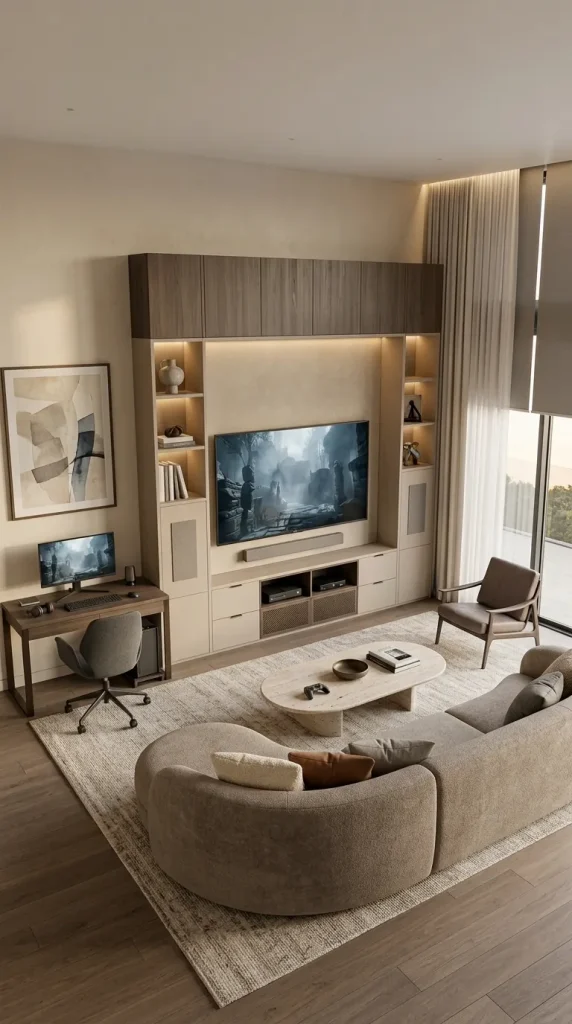 35 Gaming Living Room Ideas That Make Your Setup Stylish, Cosy and Seriously Fun 30 Design a Luxury Gaming Living Room With Integrated Cabinetry
