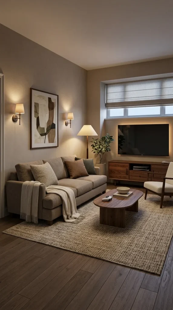 35 Gaming Living Room Ideas That Make Your Setup Stylish, Cosy and Seriously Fun 4 Design a Warm Gaming Lounge With Walnut and Soft Textures