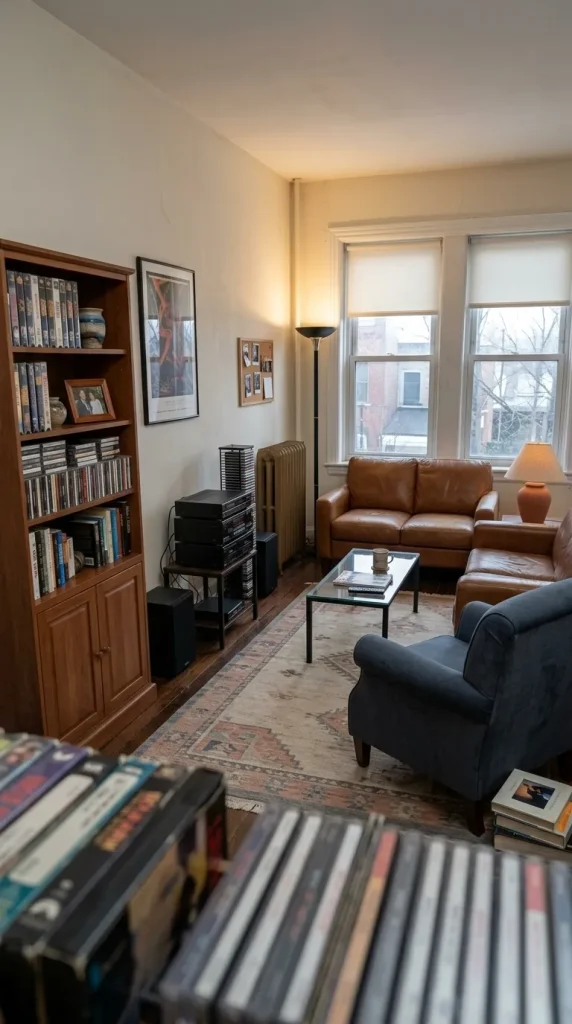 35 1990s Living Room Decor Ideas to Bring Back That Cosy, Nostalgic Feeling 17 Display VHS Tapes, CDs and Other Physical Media