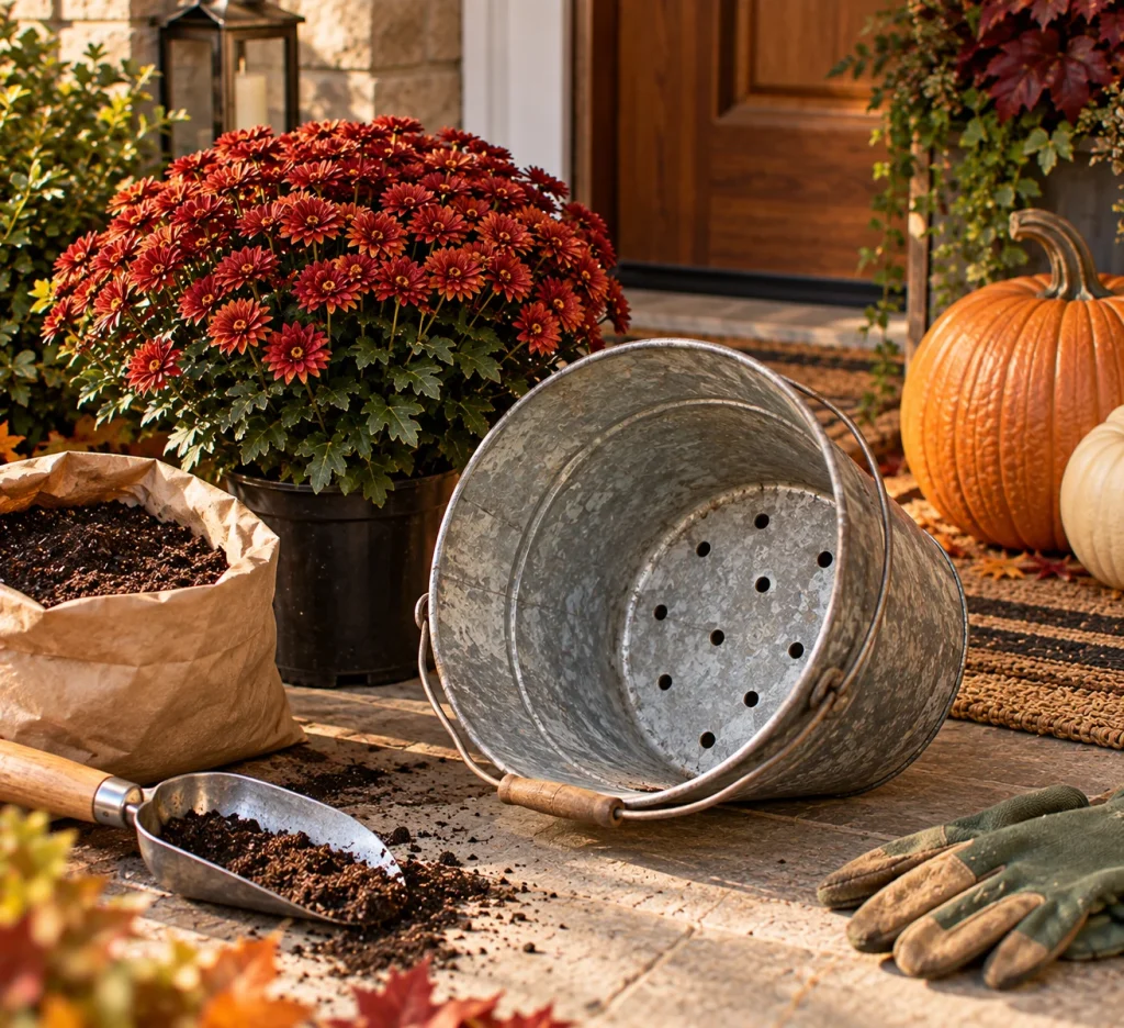 24 Fall Front Porch Decor Ideas With Crates and Galvanized Buckets 9 Drill drainage holes before planting directly in a metal bucket