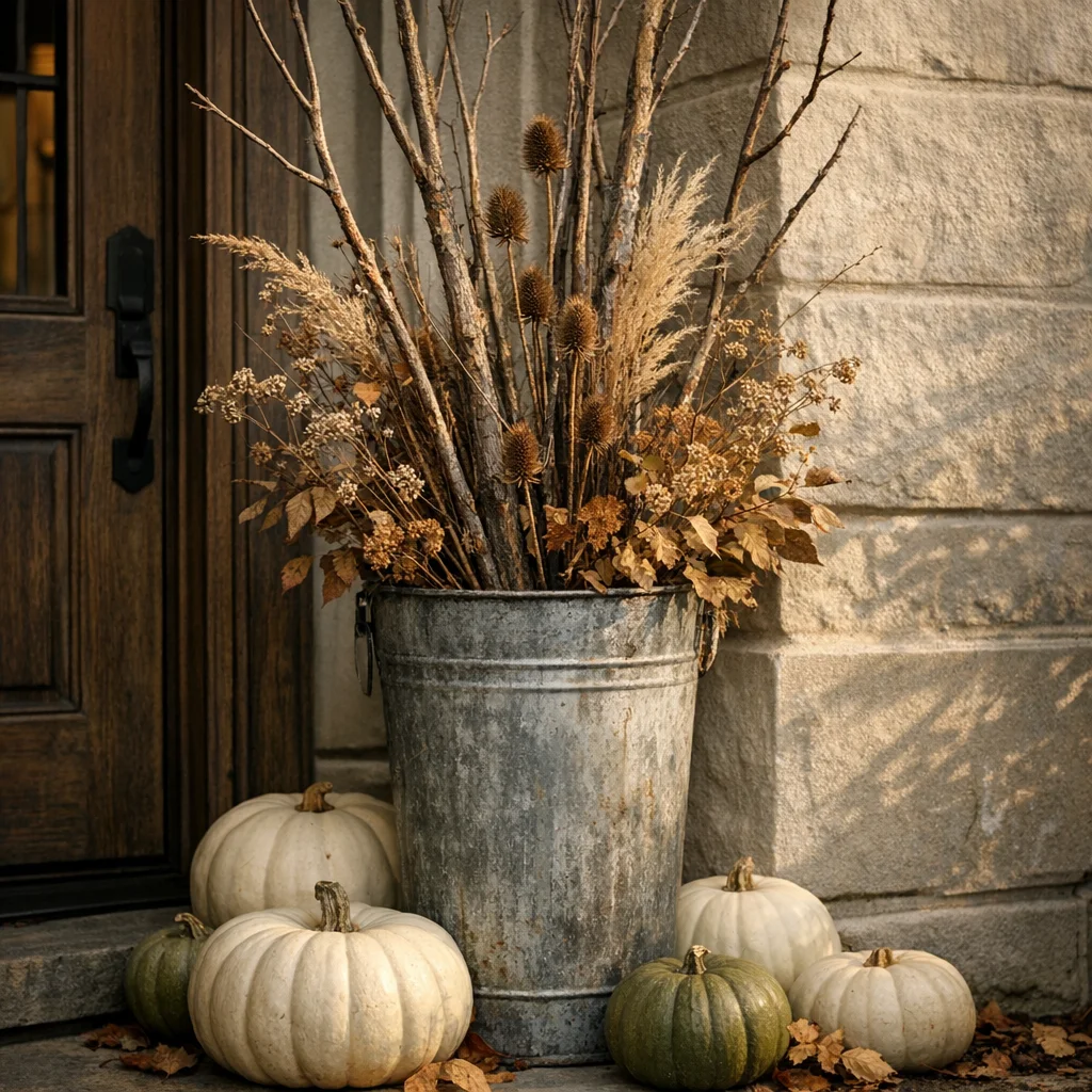 24 Fall Front Porch Decor Ideas With Crates and Galvanized Buckets 10 Fill a tall galvanized bucket with branches