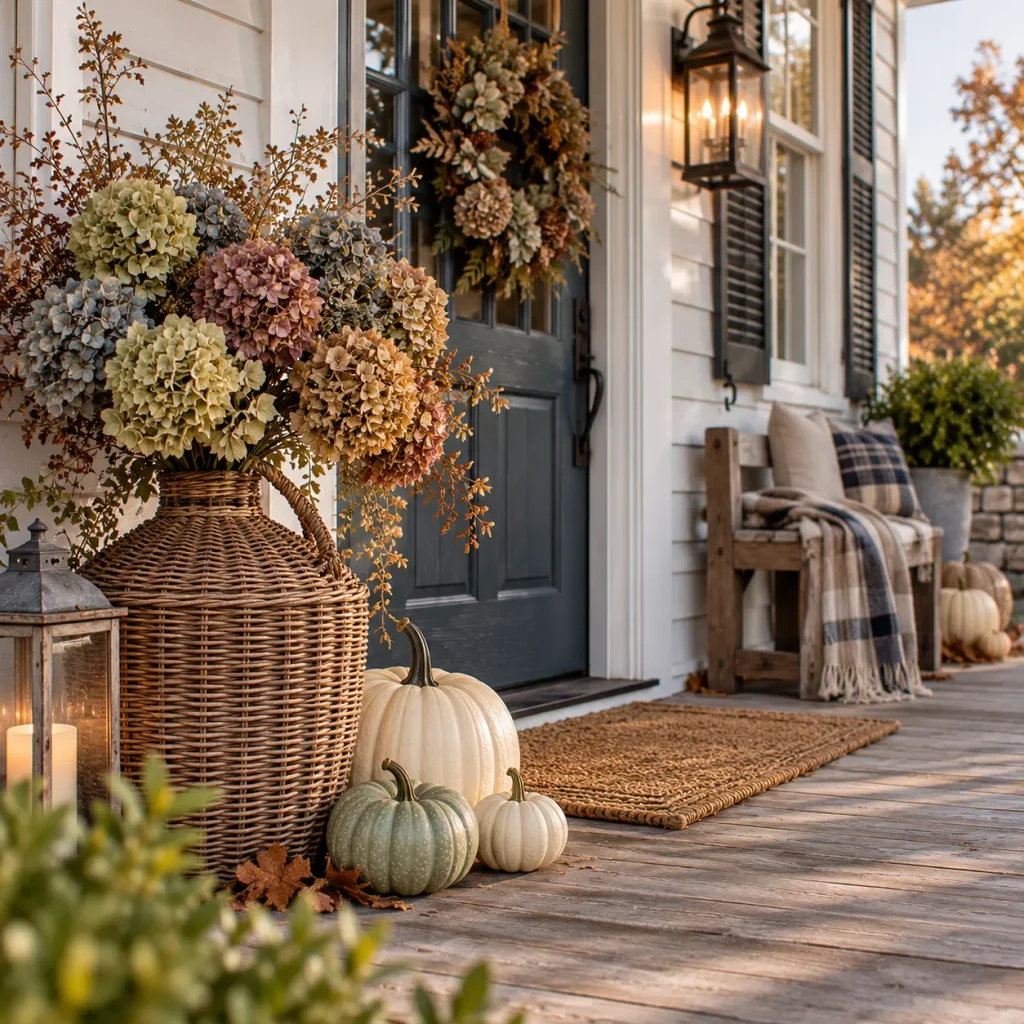 Fill a wicker demijohn or large basket with dried hydrangeas