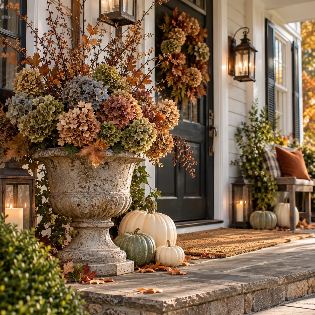 Fill an urn with dried hydrangeas