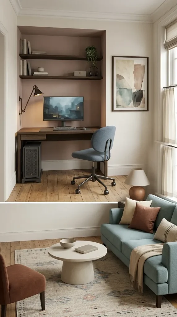 35 Gaming Living Room Ideas That Make Your Setup Stylish, Cosy and Seriously Fun 15 Fit a PC Gaming Desk Into a Living Room Alcove