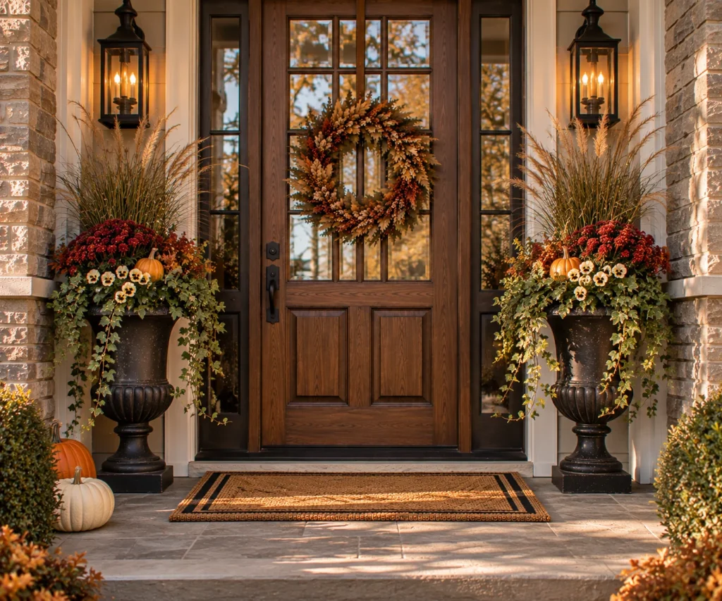 Flank the front door with two tall planted urns