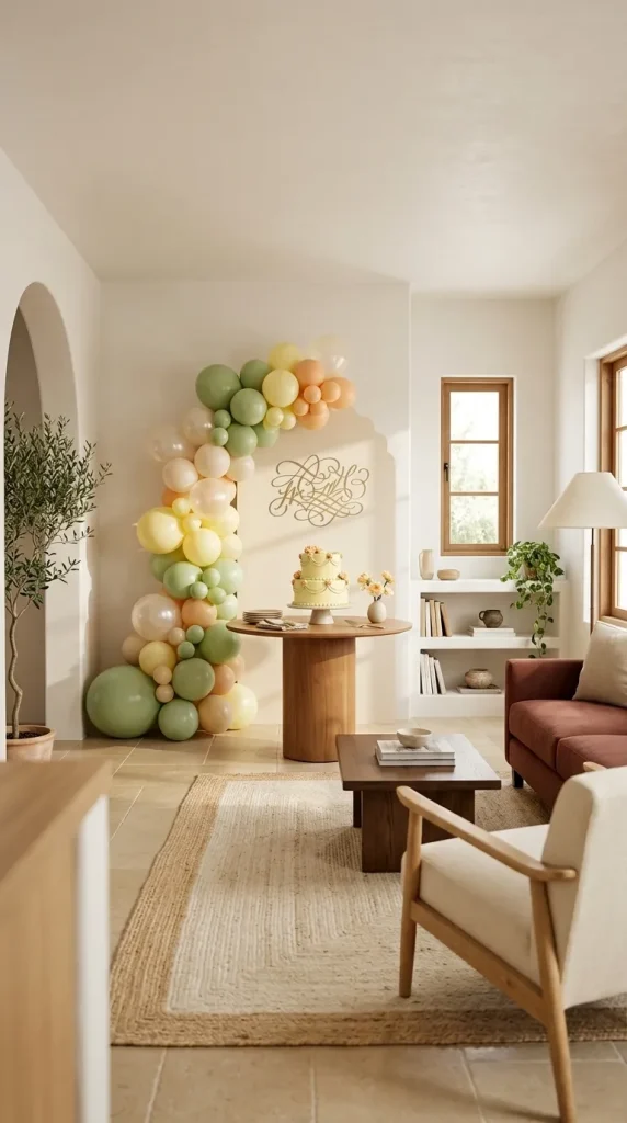 40 Birthday Living Room Decor Ideas for Beautiful At-Home Celebrations 11 Frame the Cake Table With a Compact Balloon Arch