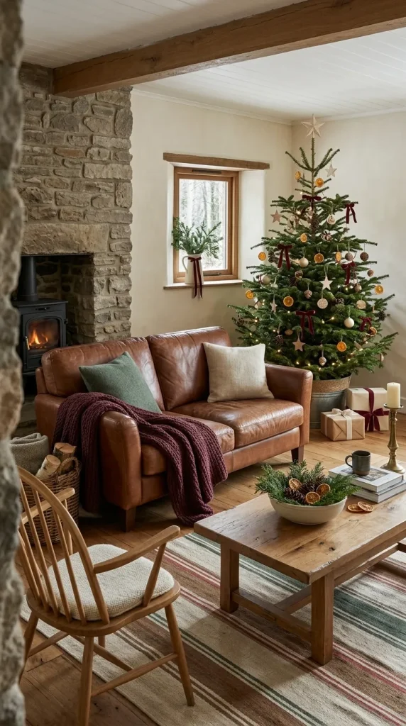 42 Christmas Living Room Decor Ideas for a Cosy, Magical and Beautifully Festive Home 7 Give Brown Leather Furniture a Rustic Christmas Makeover