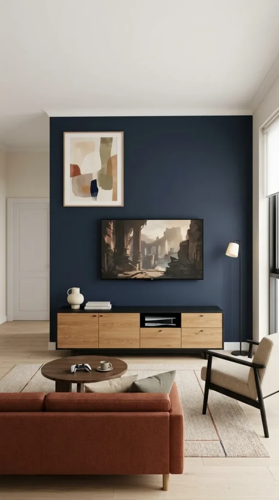 35 Gaming Living Room Ideas That Make Your Setup Stylish, Cosy and Seriously Fun 7 Give Your Television a Simple Dark Feature Wall
