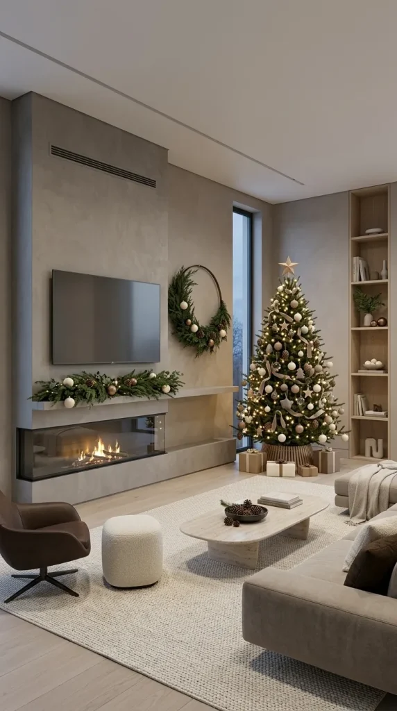 42 Christmas Living Room Decor Ideas for a Cosy, Magical and Beautifully Festive Home 19 Give a Contemporary Linear Fireplace a Minimal Christmas Treatment