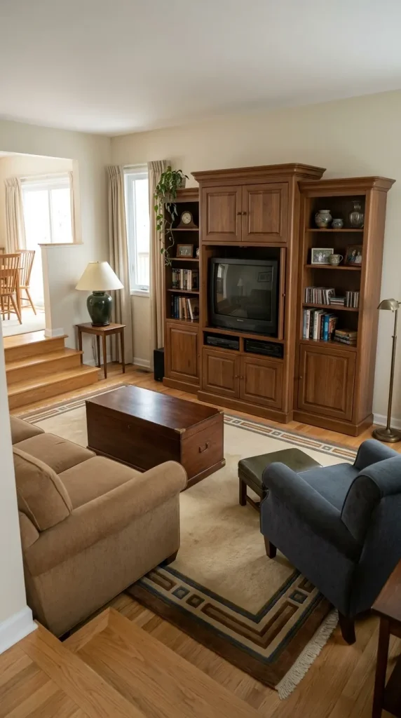 35 1990s Living Room Decor Ideas to Bring Back That Cosy, Nostalgic Feeling 16 Give a Large Wooden Entertainment Centre Pride of Place