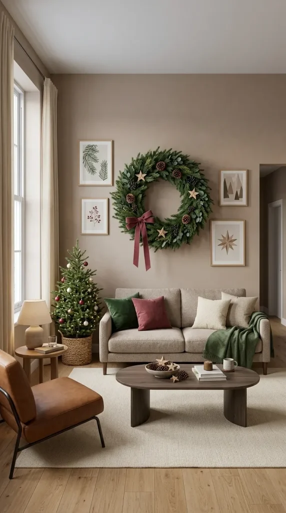 42 Christmas Living Room Decor Ideas for a Cosy, Magical and Beautifully Festive Home 43 Give the Sofa Wall a Festive Gallery or Statement Wreath