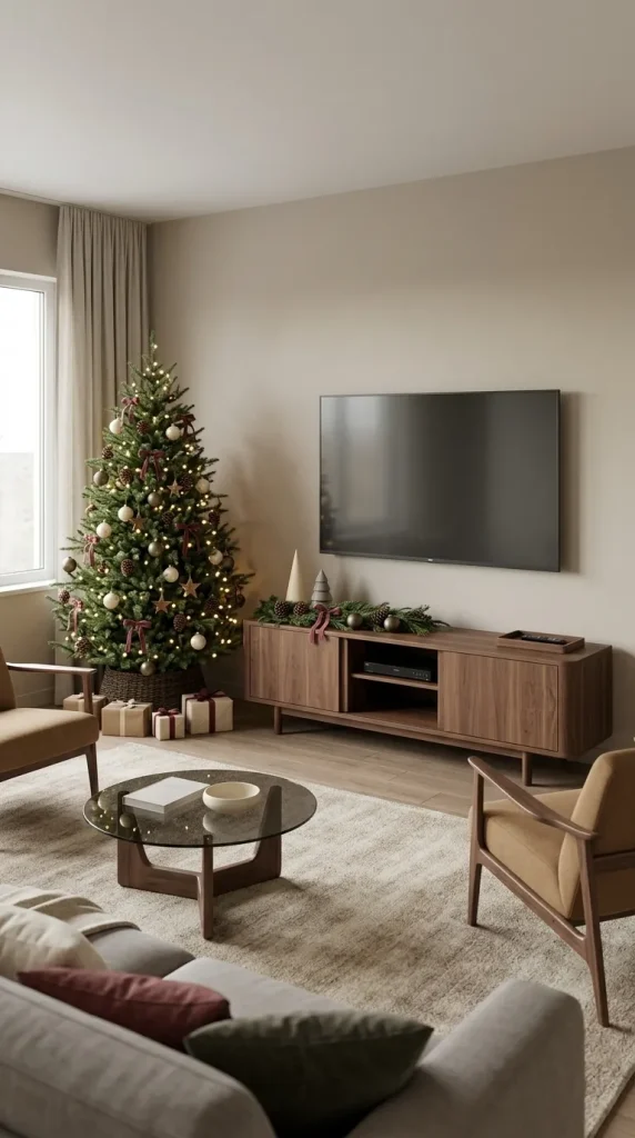 42 Christmas Living Room Decor Ideas for a Cosy, Magical and Beautifully Festive Home 27 Give the Television Cabinet a Restrained Festive Arrangement
